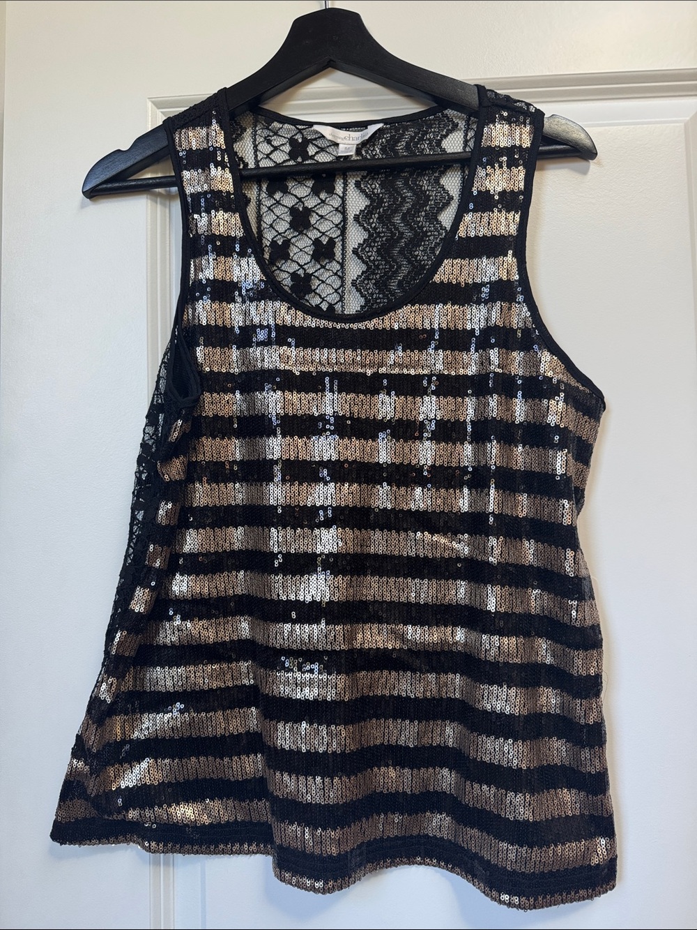 Charming Charlie Black and Gold Sequin Striped Lace-Back Tank